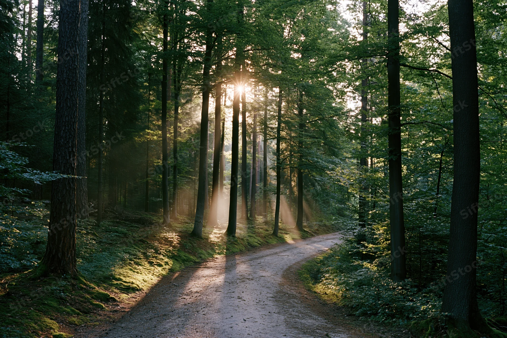 Narrow dirt path winding through tall deciduous trees with sunlight filtering through the canopy
