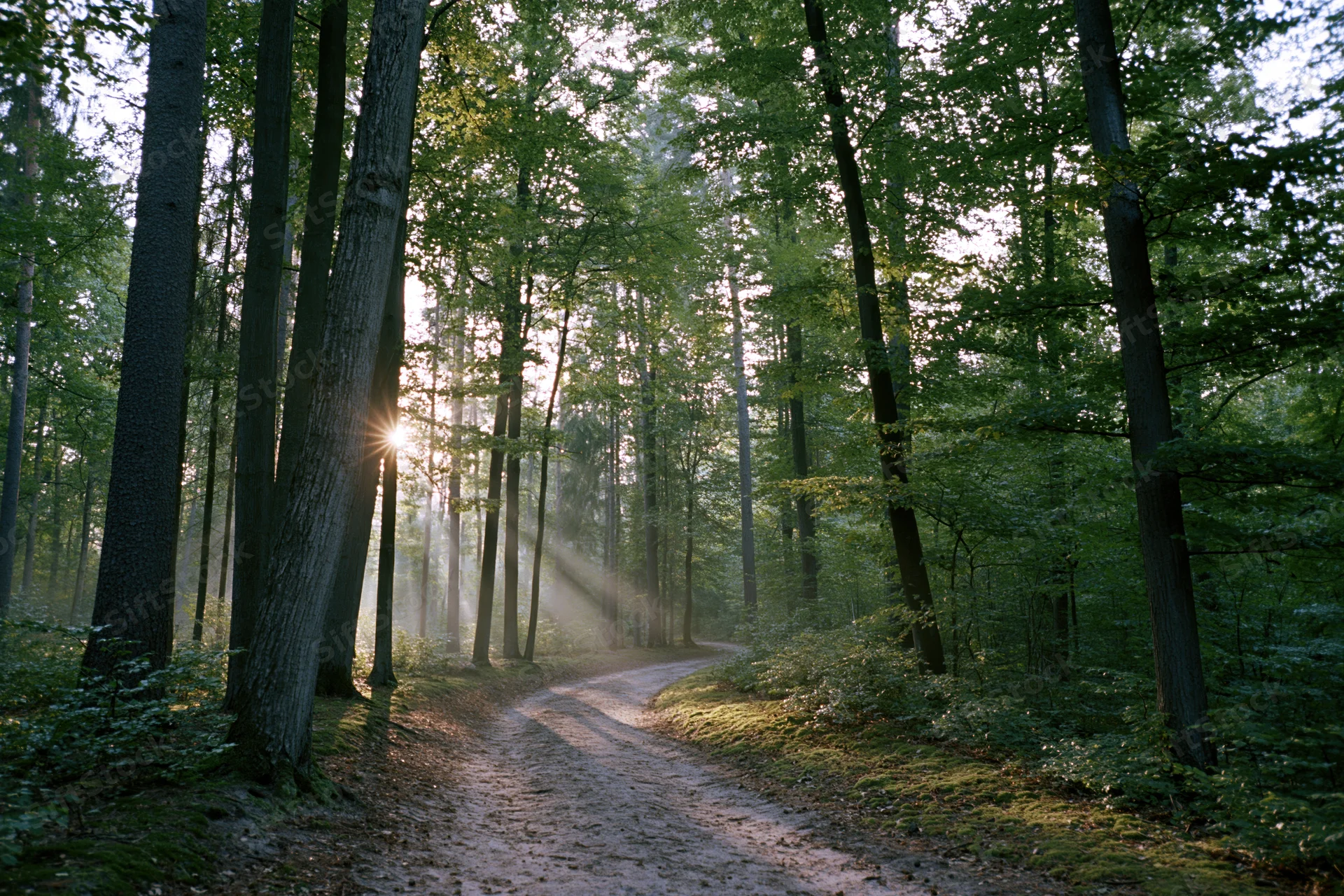Narrow dirt path winding through tall deciduous trees in a sunlit forest