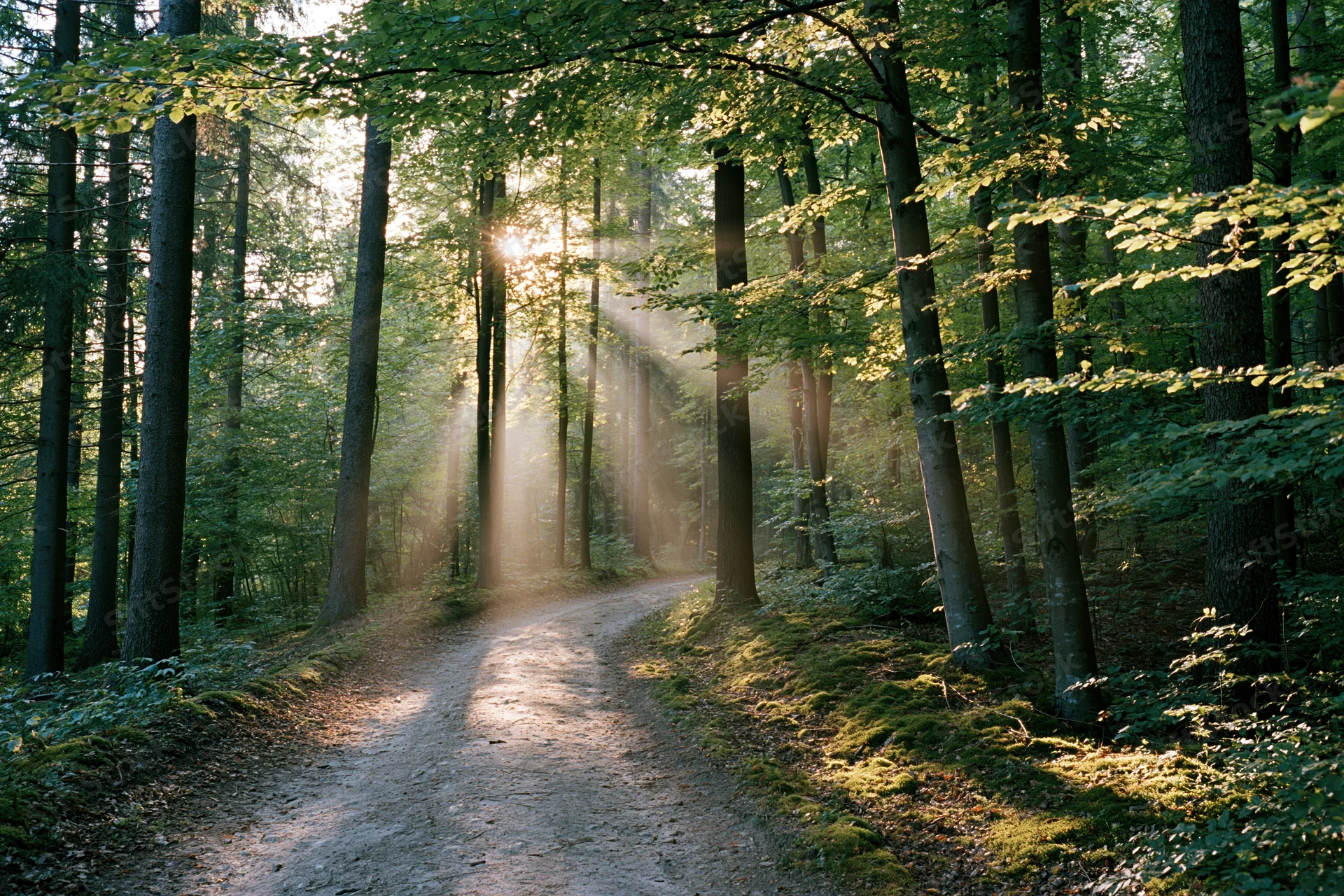 Narrow dirt path winding through tall deciduous trees in a sunlit forest