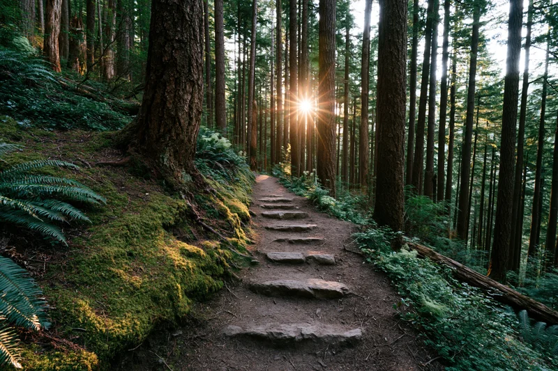 Narrow dirt hiking trail with rough stone steps winding through dense forest at sunrise