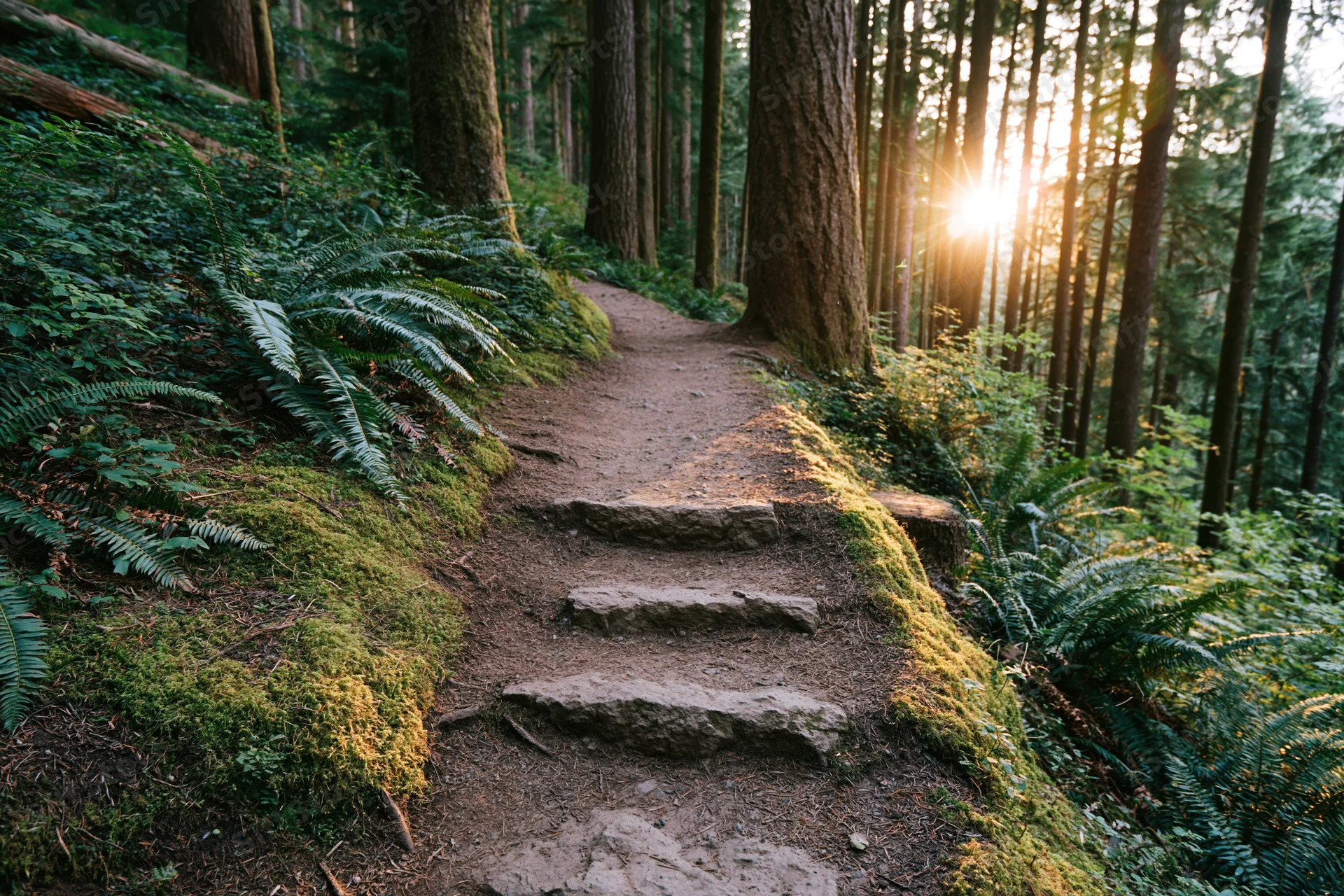 Narrow dirt hiking trail with rough stone steps winding through dense forest at sunrise