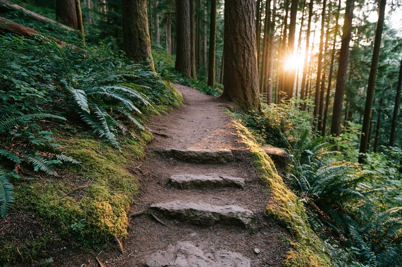Narrow dirt hiking trail with rough stone steps winding through dense forest at sunrise