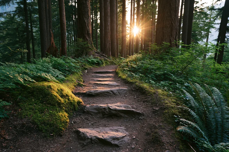 Narrow dirt hiking trail with rough stone steps winding through dense forest at sunrise
