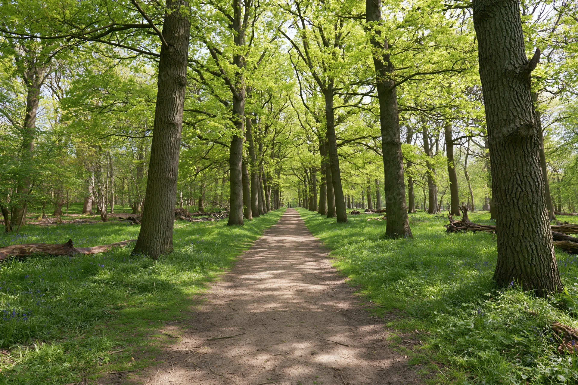Dirt path winding through a green deciduous forest in spring, flanked by tall trees and grassy undergrowth with dappled sunlight