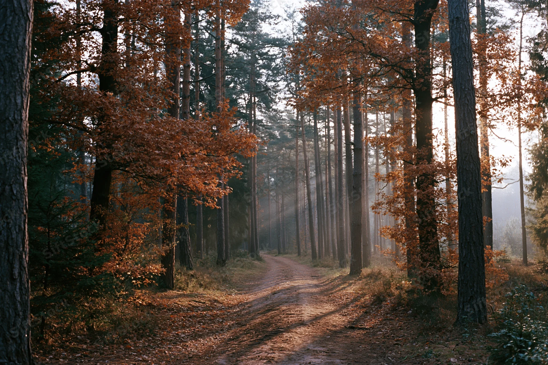 Narrow dirt path winding through mixed autumn forest with sunlight filtering through trees