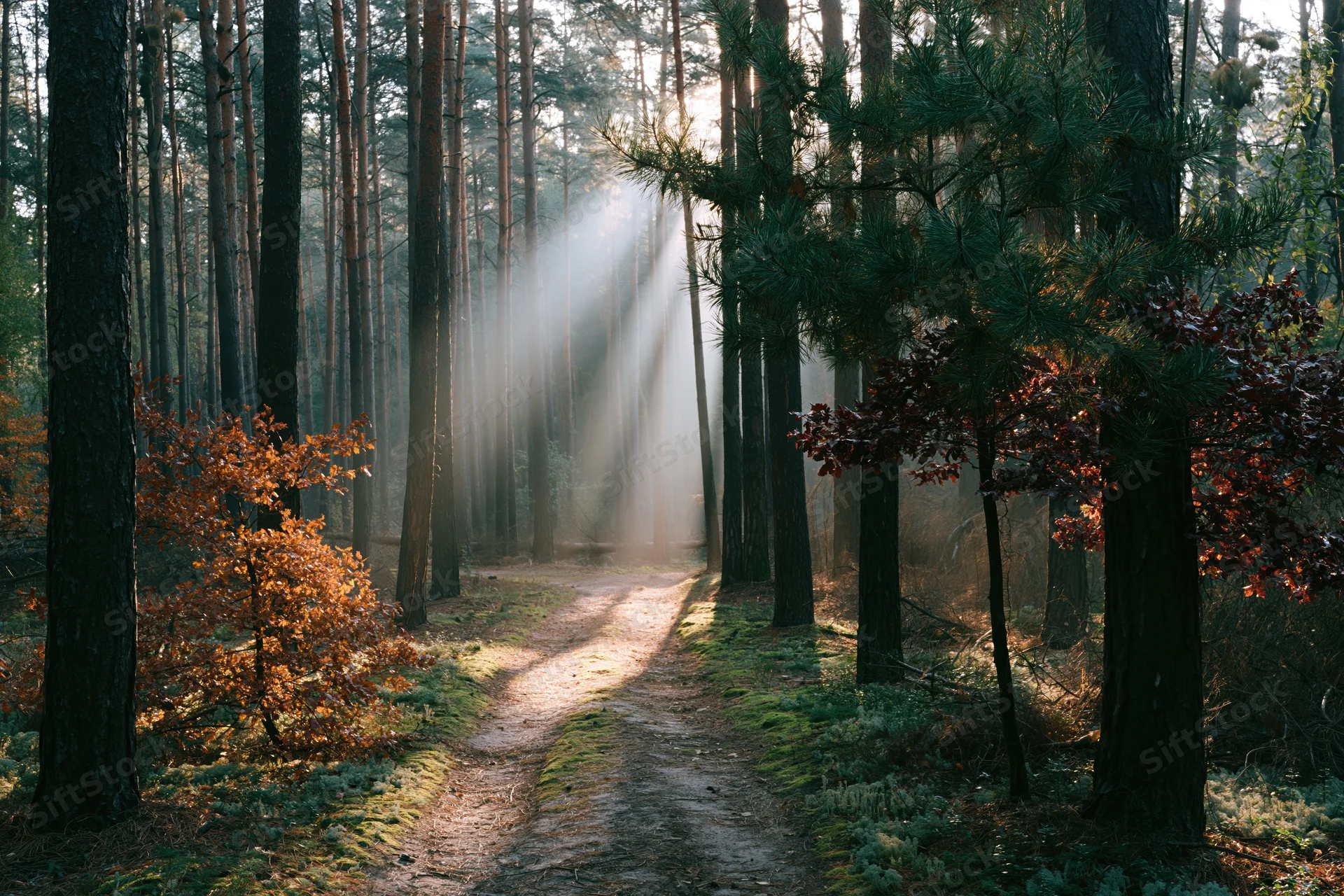 Narrow dirt path winding through mixed pine and oak forest with sunlight filtering through trees in autumn