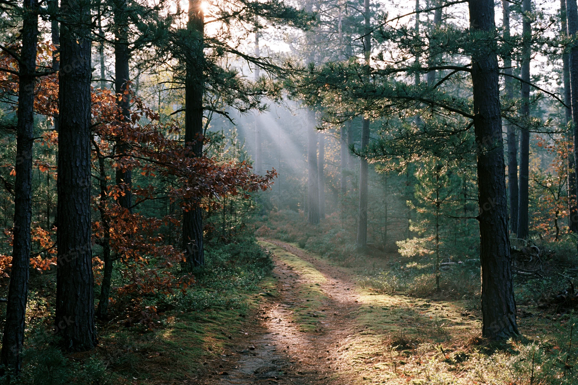 Narrow dirt path winding through mixed pine and oak forest at sunrise