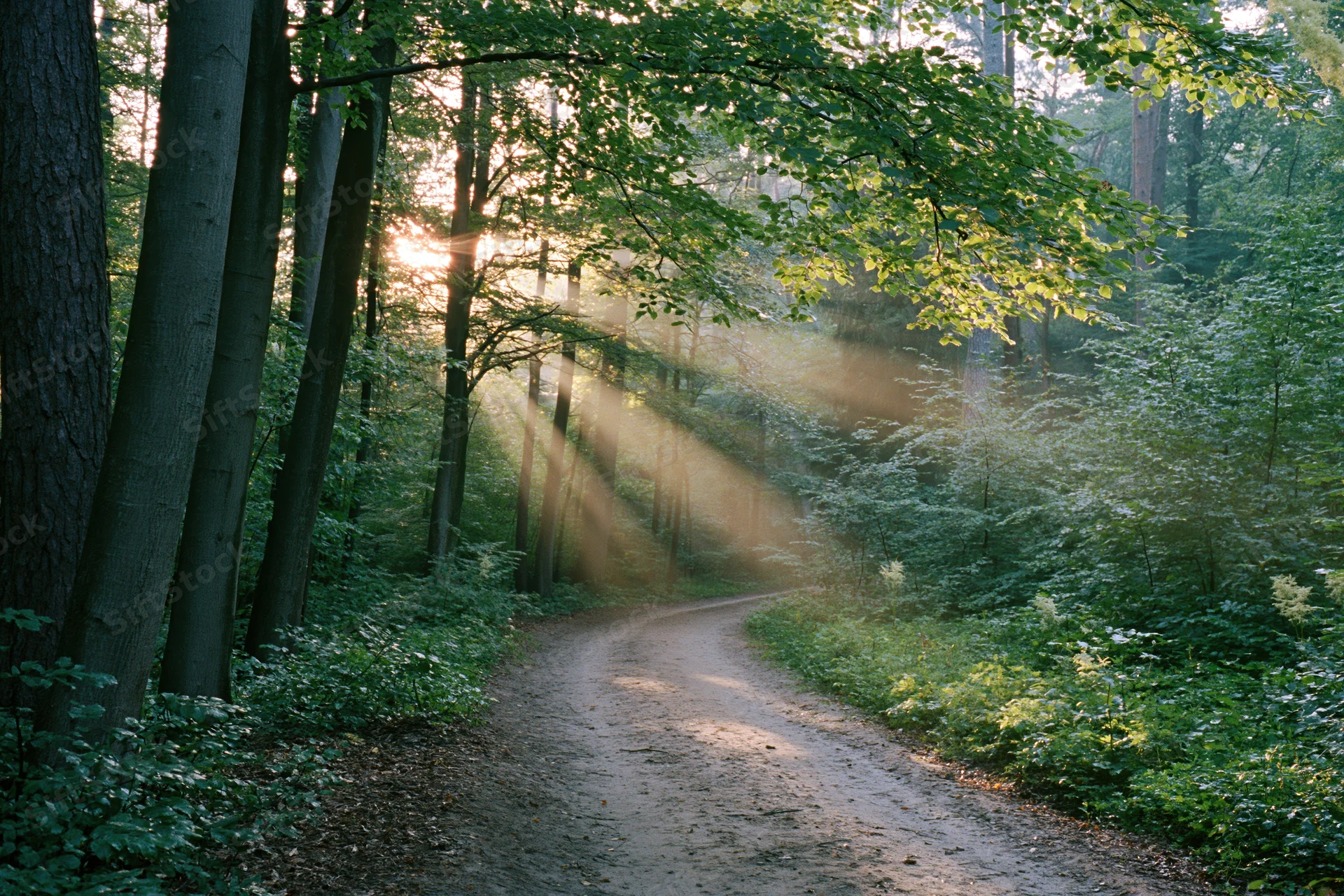 Narrow dirt path winding through a temperate deciduous forest with sunlight filtering through the trees