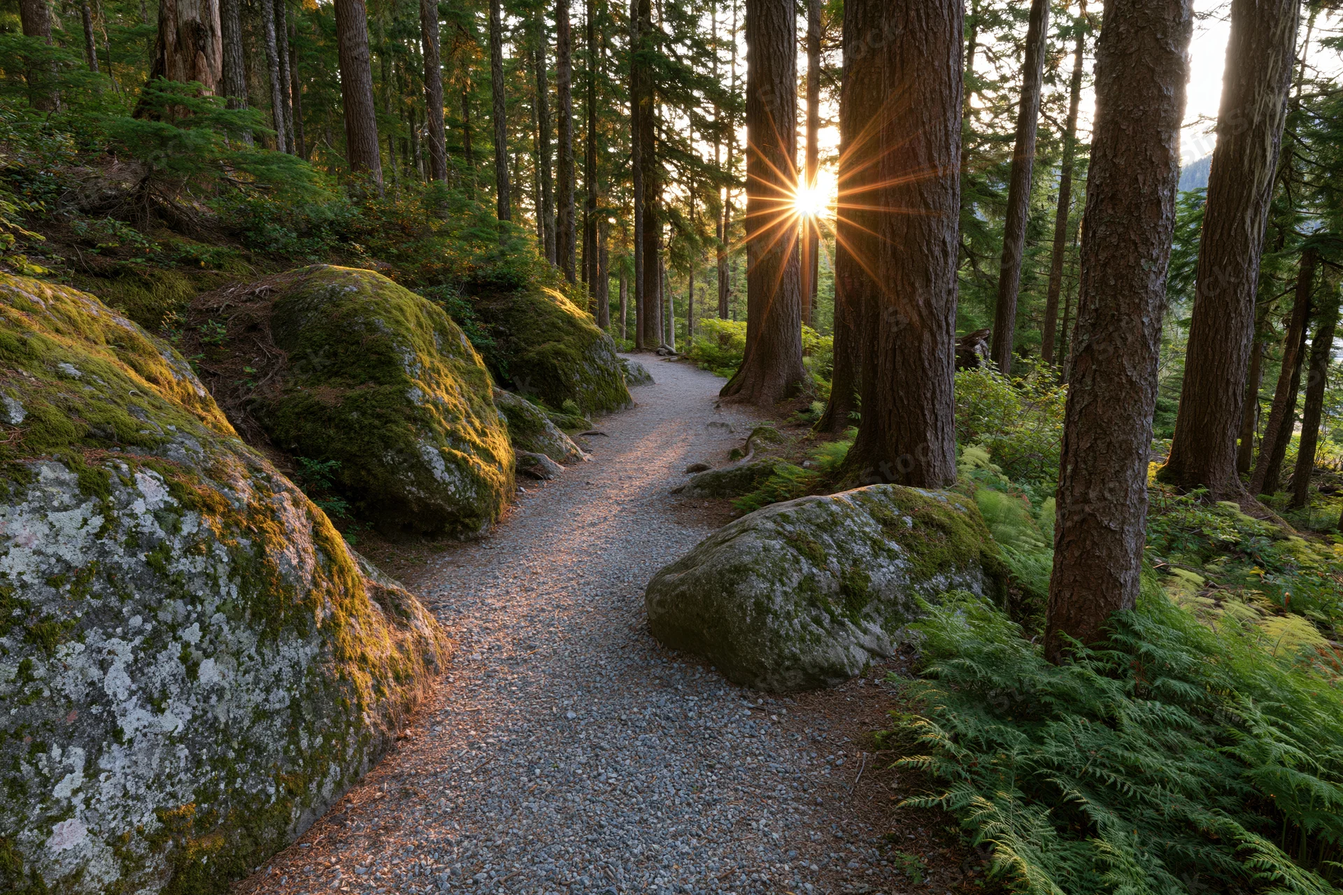 Gravel path winding through moss-covered boulders and tall trees in a forest at golden hour