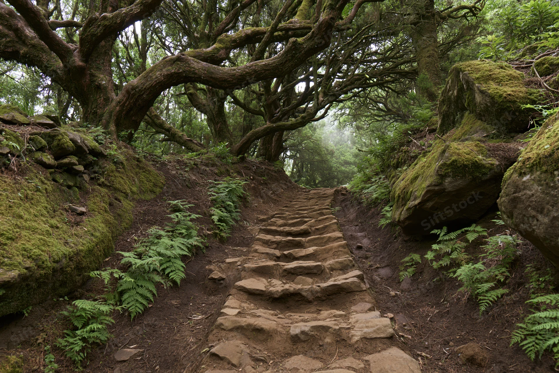 Stone-and-earth staircase winding upward through mossy forest with ferns and overhanging trees