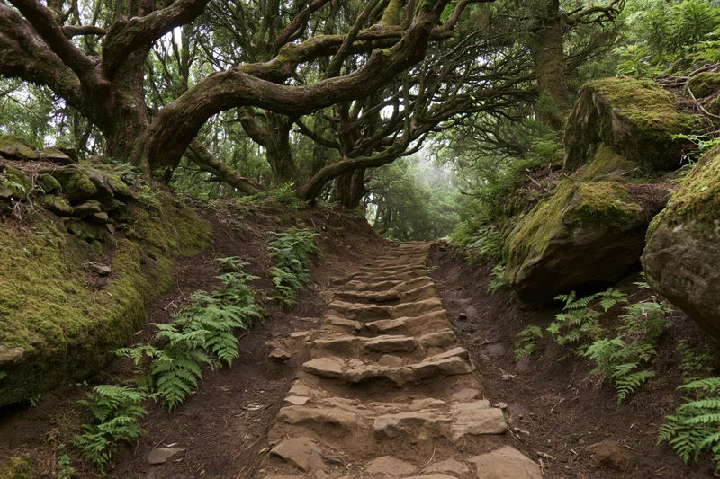 Stone-and-earth staircase winding upward through mossy forest with ferns and overhanging trees