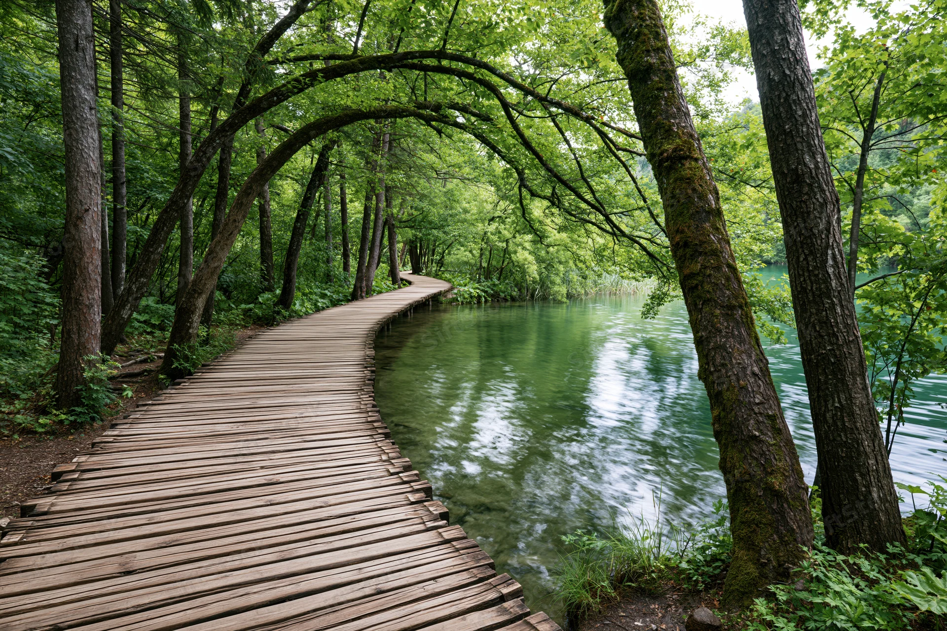 Wooden boardwalk curving through lush forest alongside calm green water