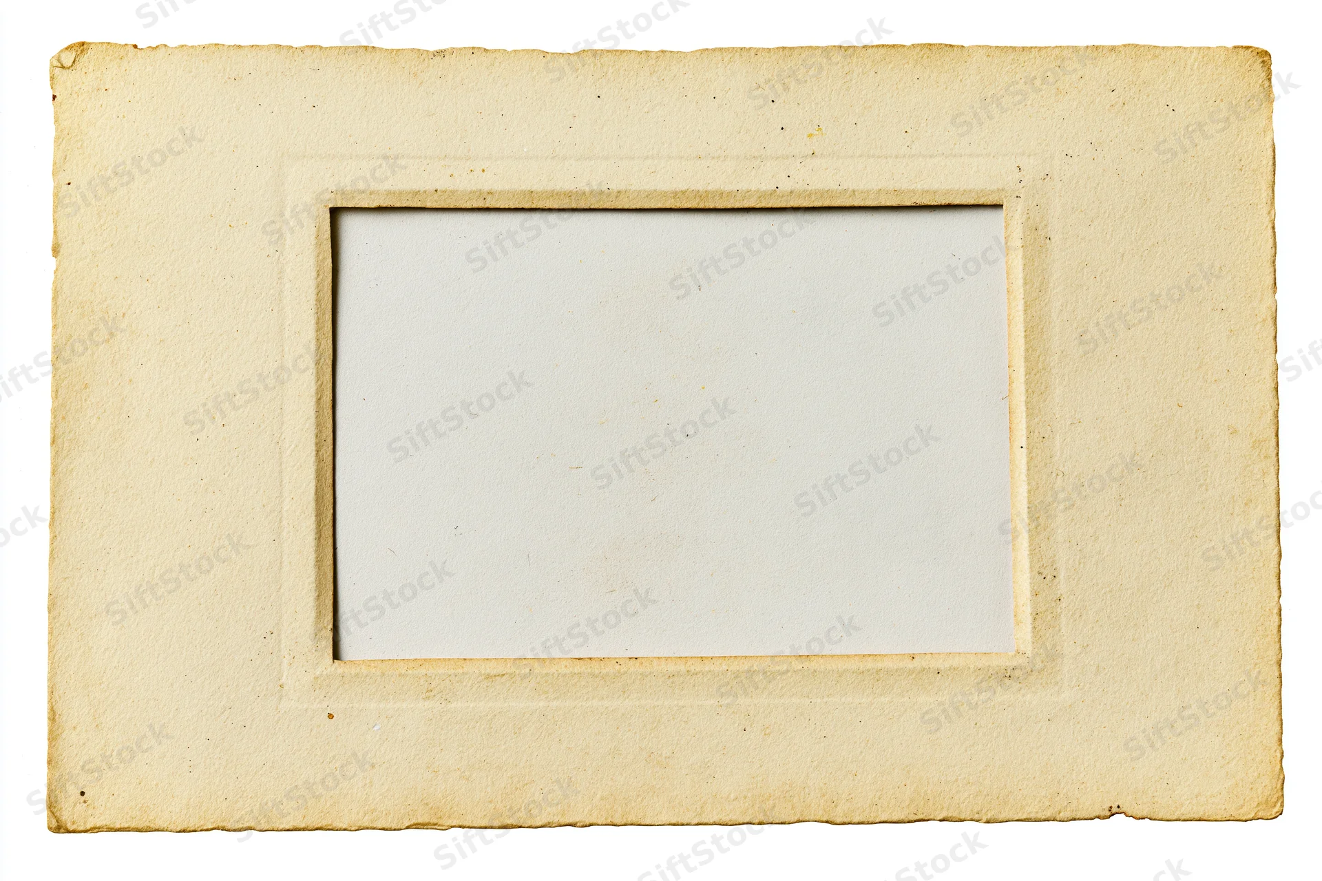 Vintage paper photo frame border with white center on plain background
