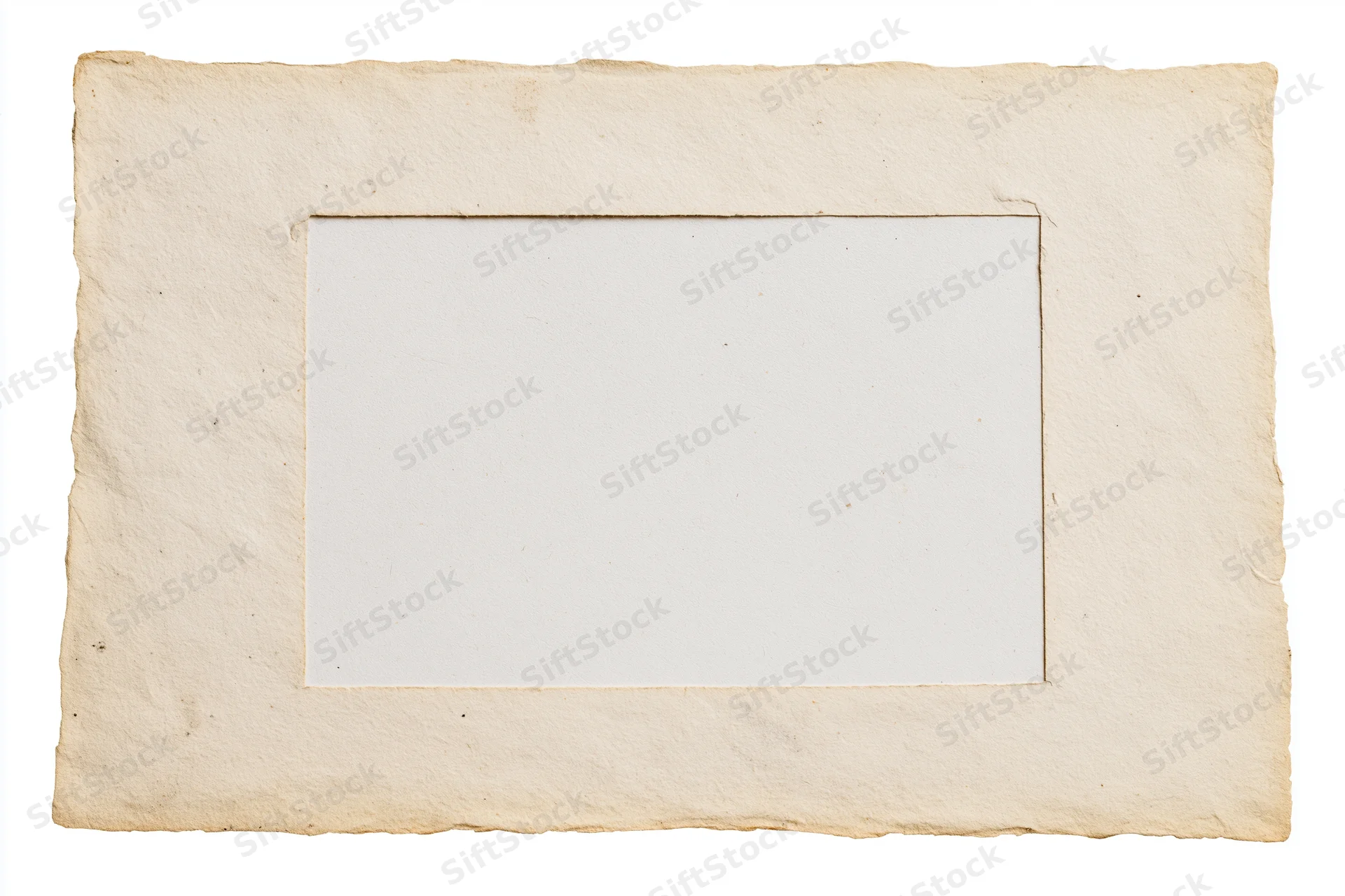 Rectangular handmade paper frame with blank white center and textured beige border lying flat