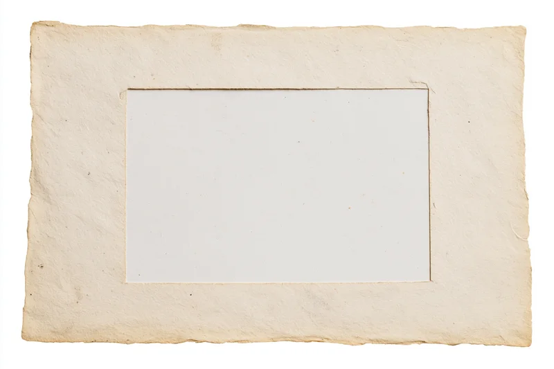 Rectangular handmade paper frame with blank white center and textured beige border lying flat