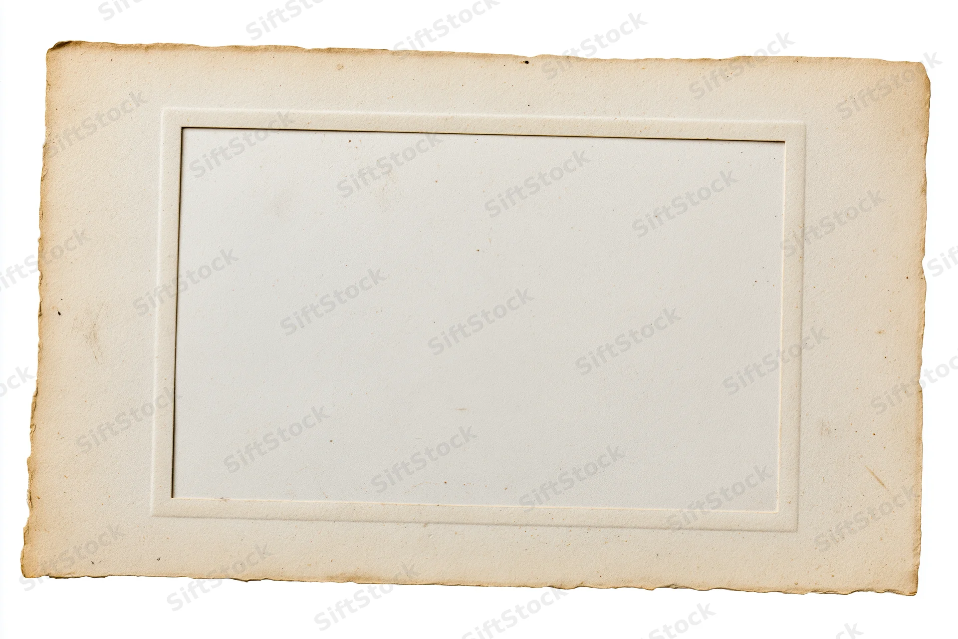 Vintage photo print border with aged paper frame lying flat on white background