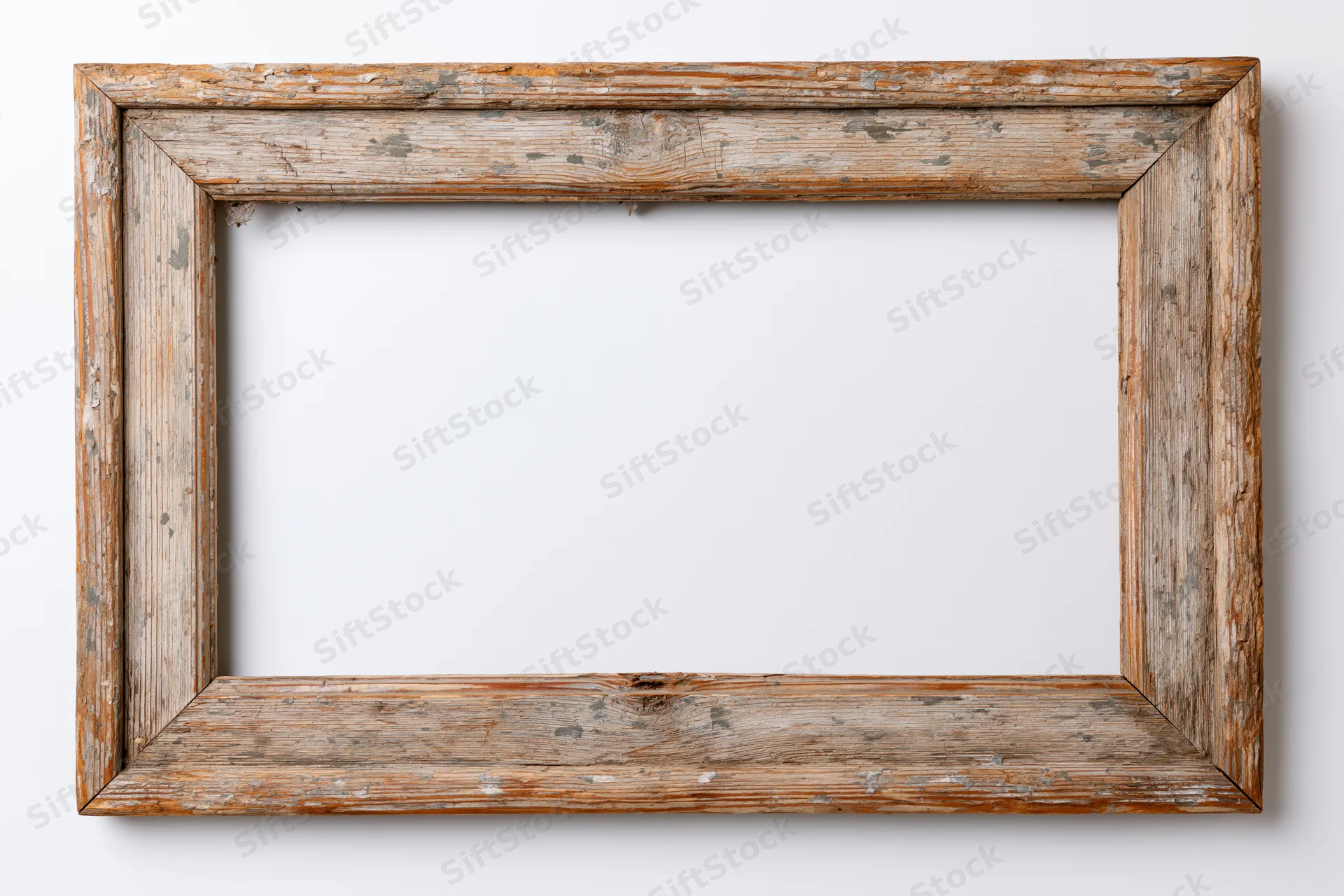 Weathered wooden frame with empty center isolated on white background
