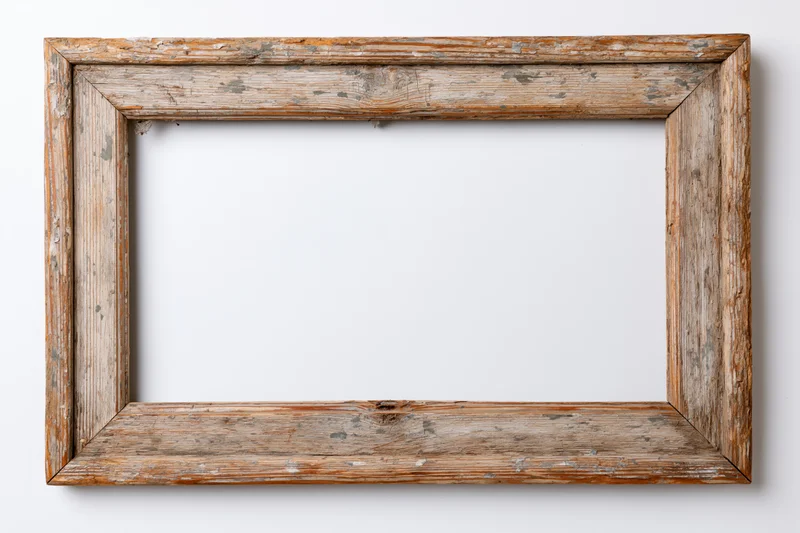 Weathered wooden frame with empty center isolated on white background