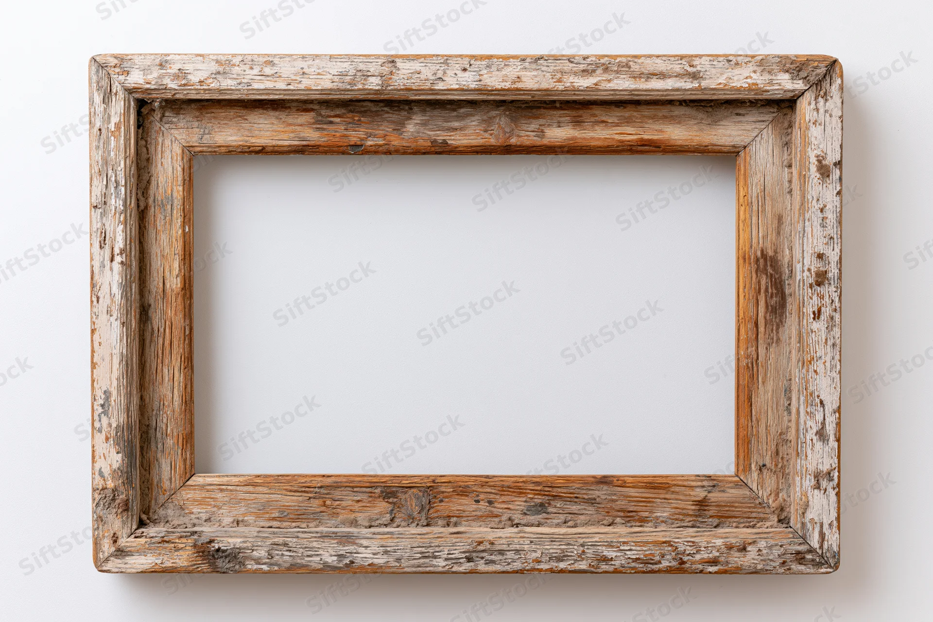 Weathered wooden frame hanging on a white wall with empty center