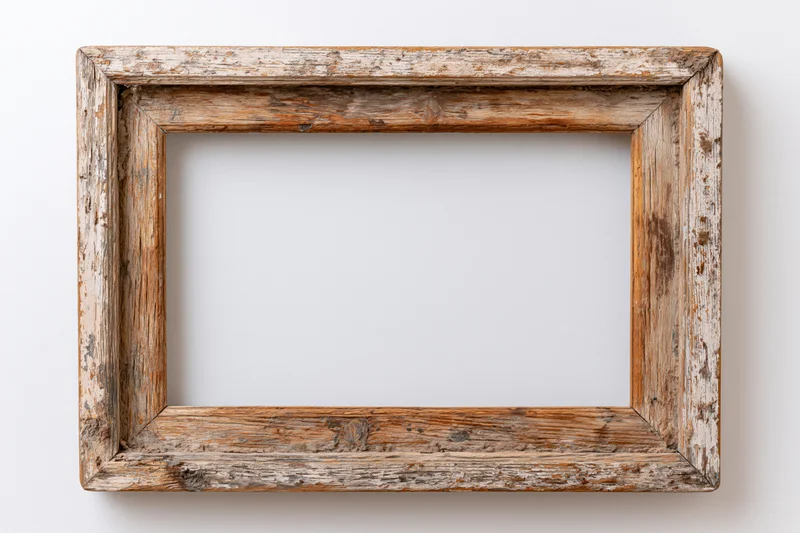 Weathered wooden frame hanging on a white wall with empty center