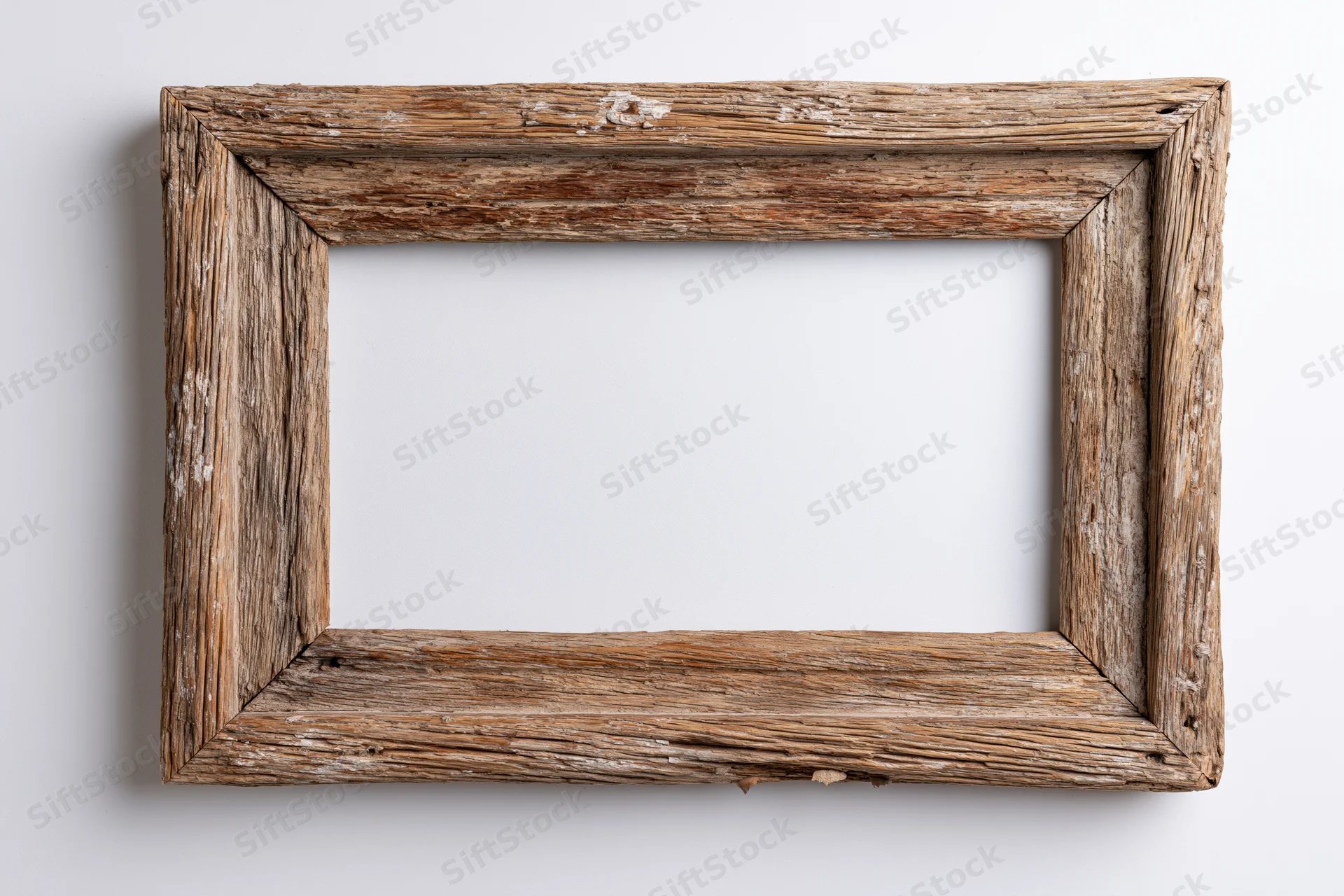 Weathered wooden frame with visible grain and cracks hanging on a white wall