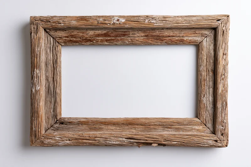 Weathered wooden frame with visible grain and cracks hanging on a white wall