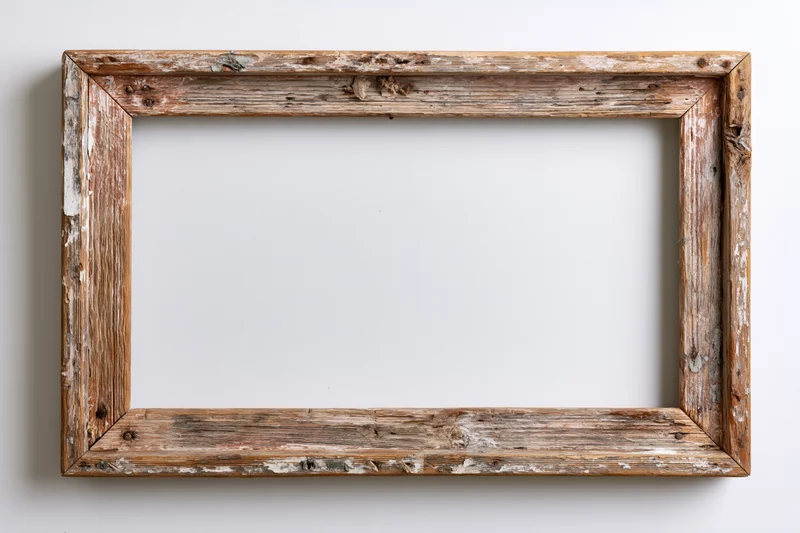 Weathered wooden frame hanging on a white wall with empty center for display