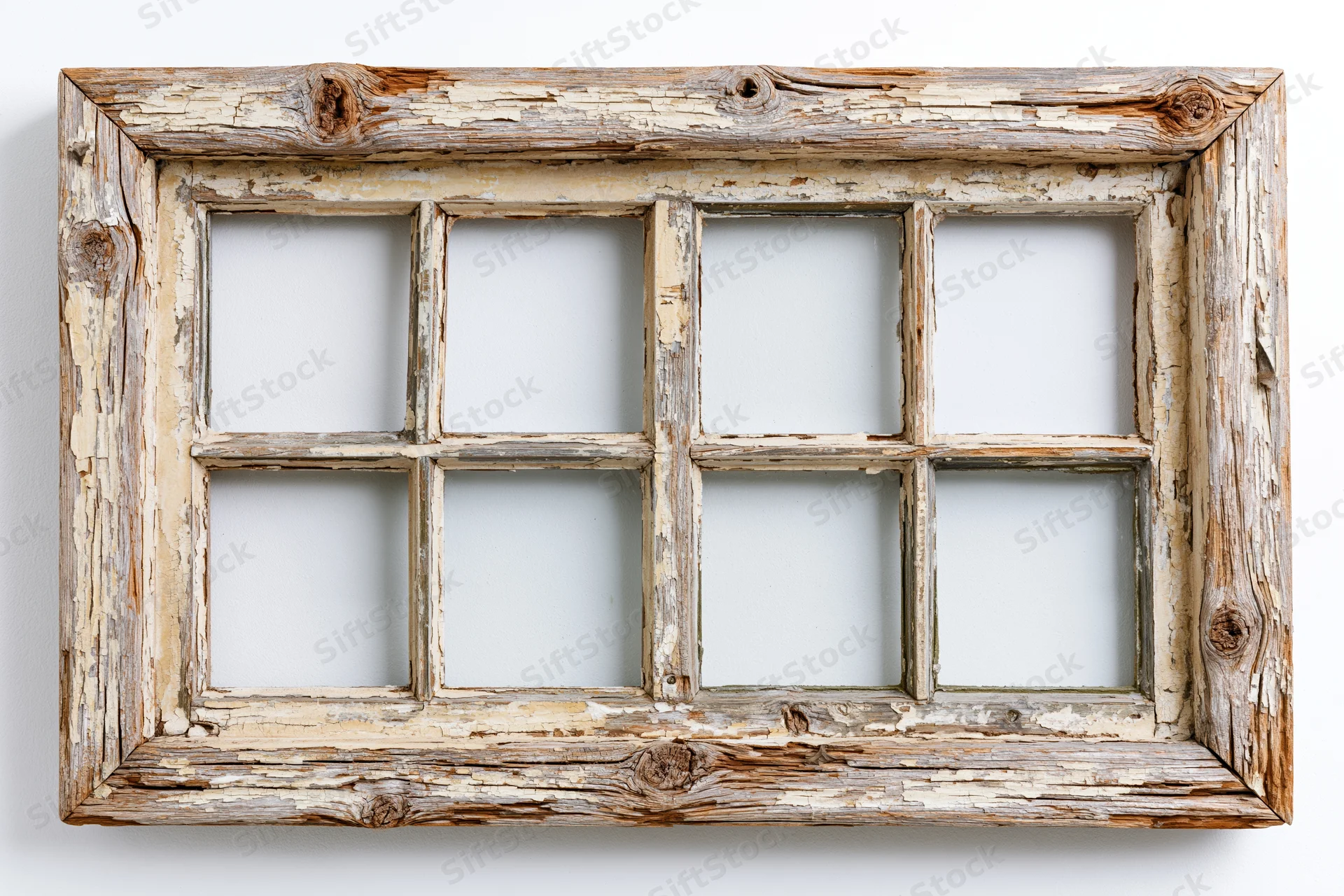 Old weathered wooden window frame with four panes isolated on white background
