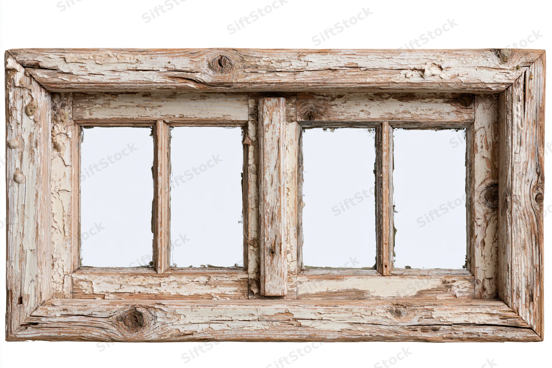 Old weathered wooden window frame with four panes isolated on white background