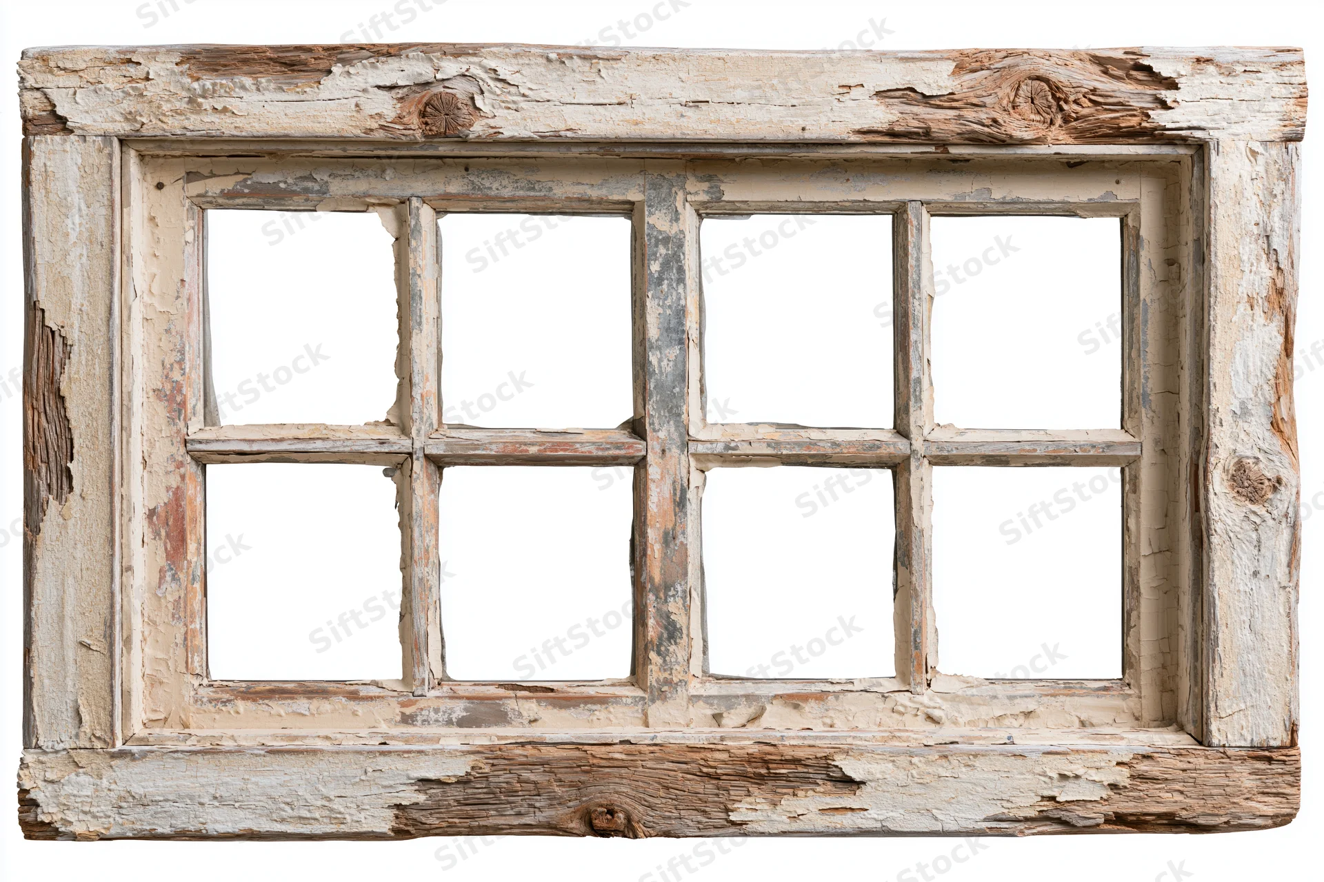 Old weathered wooden window frame with four panes isolated on white background