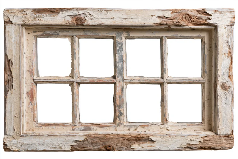 Old weathered wooden window frame with four panes isolated on white background