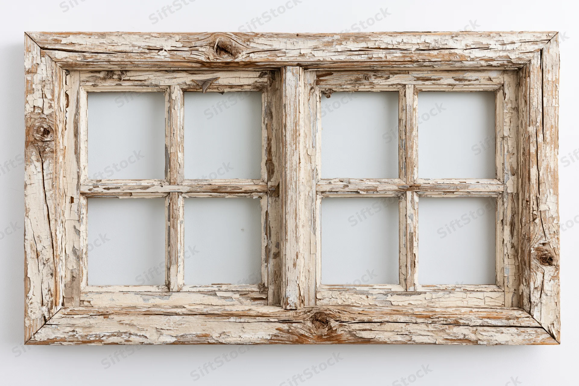 Old weathered wooden window frame with four panes isolated on white background