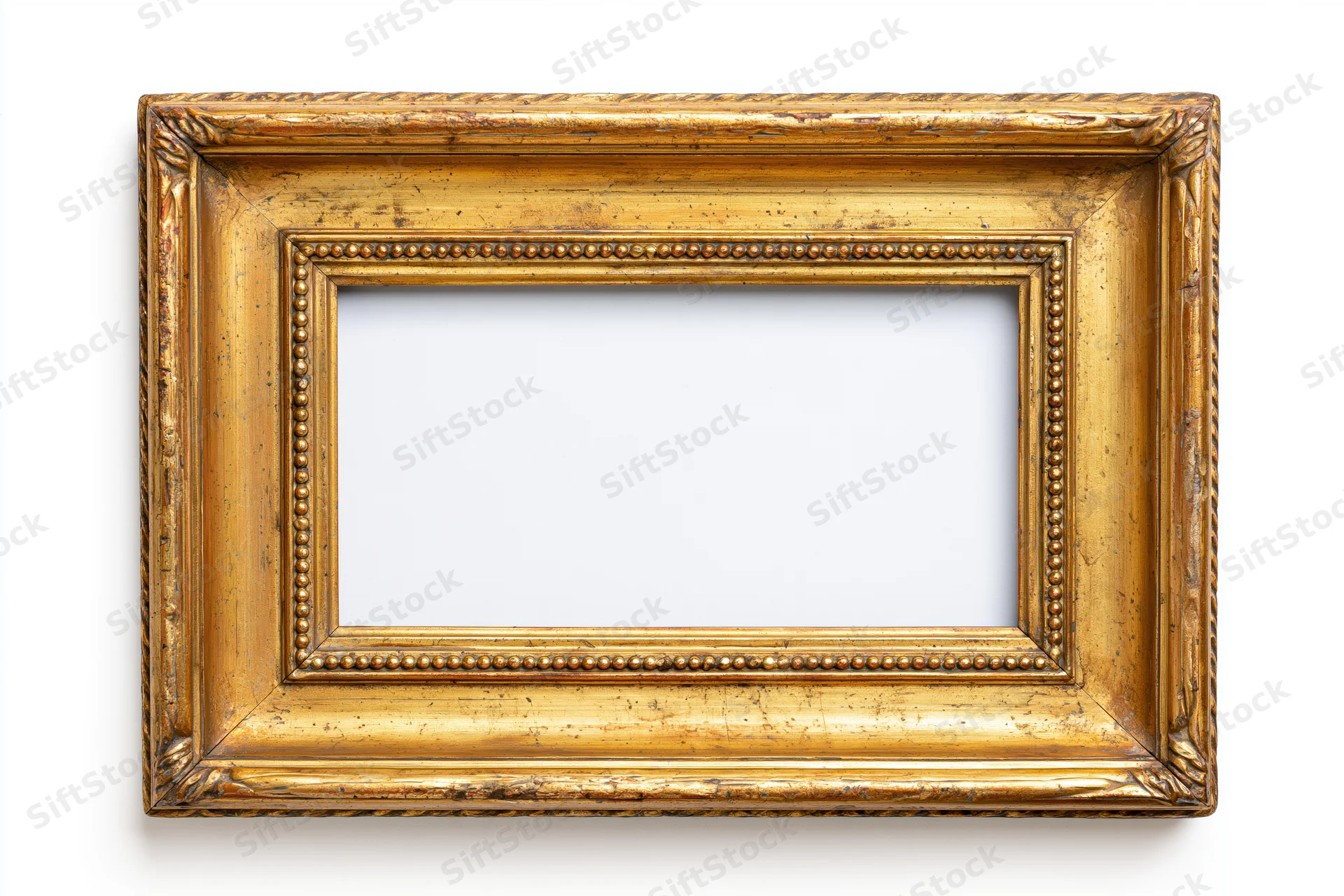 Ornate antique gold picture frame with intricate detailing isolated on white background