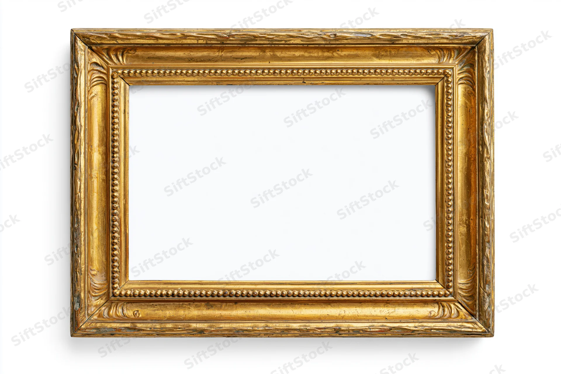 Ornate antique gold picture frame with intricate detailing on white background