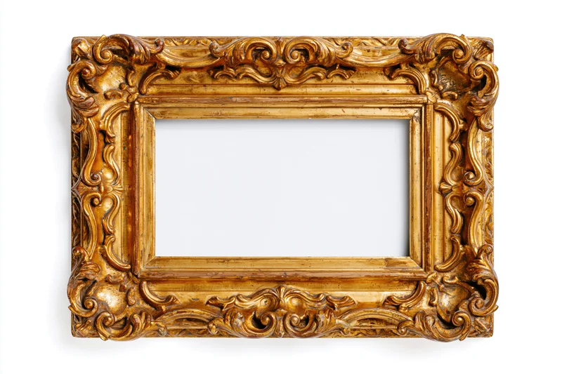 Ornate antique gold picture frame with intricate carvings and scrollwork, isolated on white background