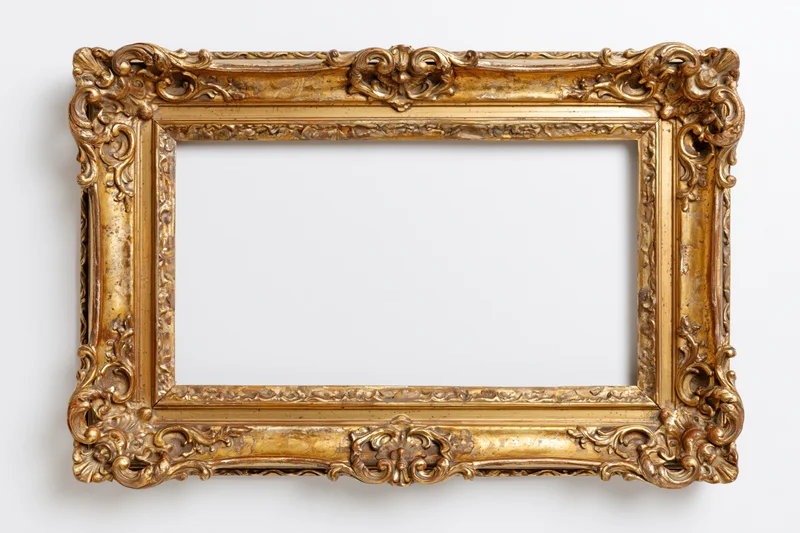 Ornate antique gold picture frame with intricate carvings and aged patina against white background