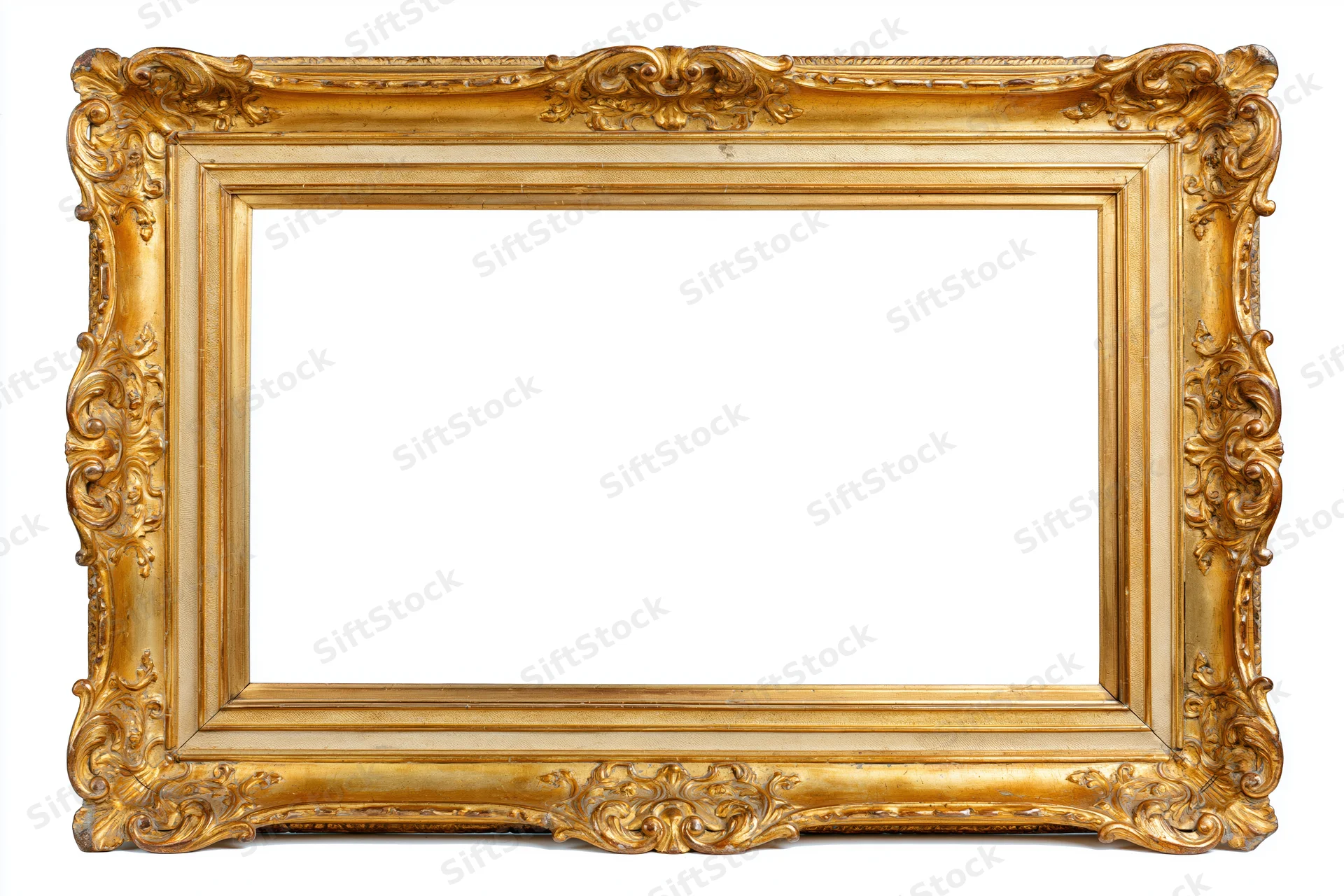 Ornate gold picture frame with baroque carved floral details isolated on white background