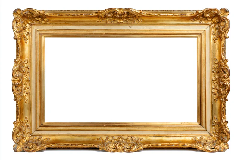 Ornate gold picture frame with baroque carved floral details isolated on white background