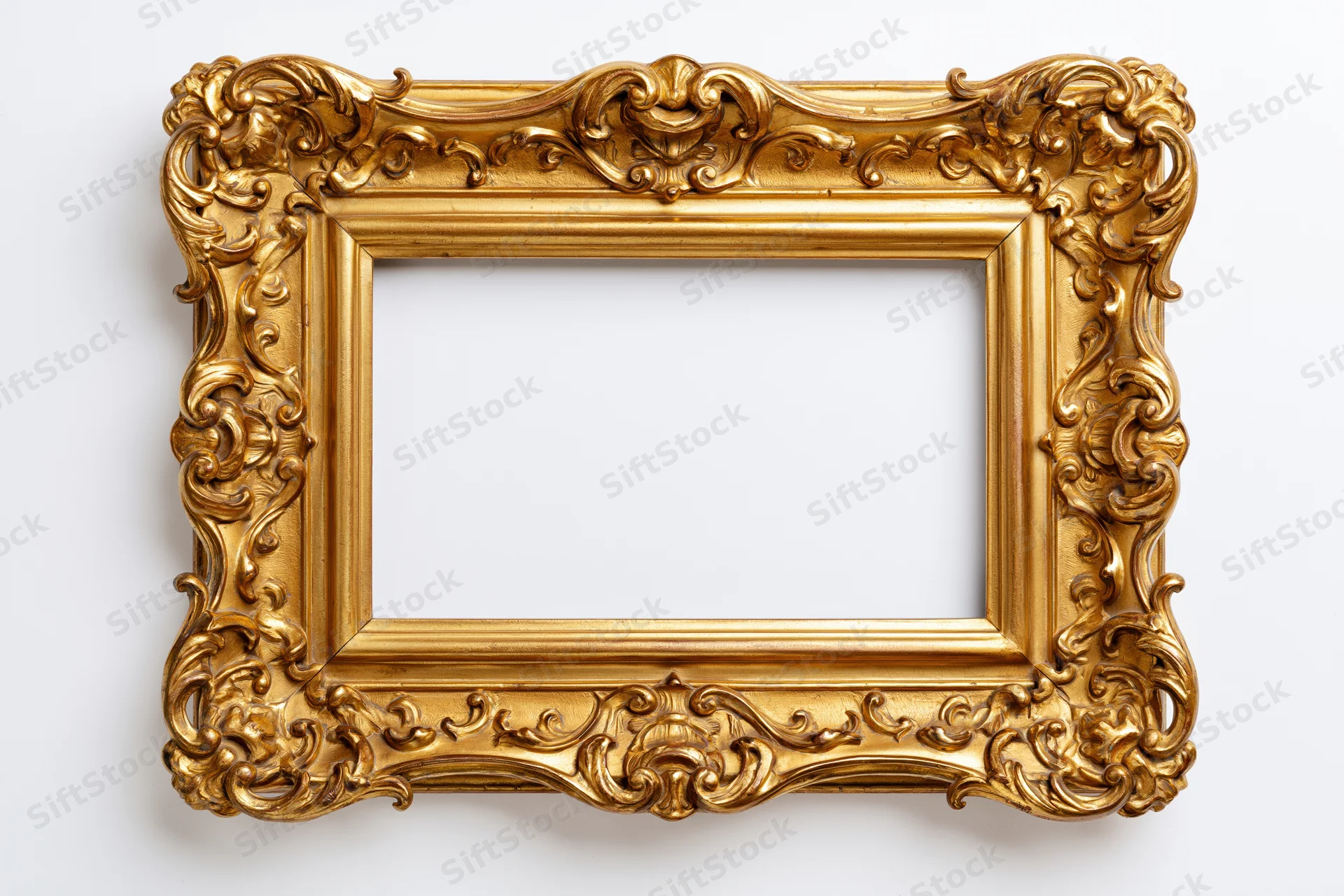 Ornate gold baroque frame with carved floral details on white background