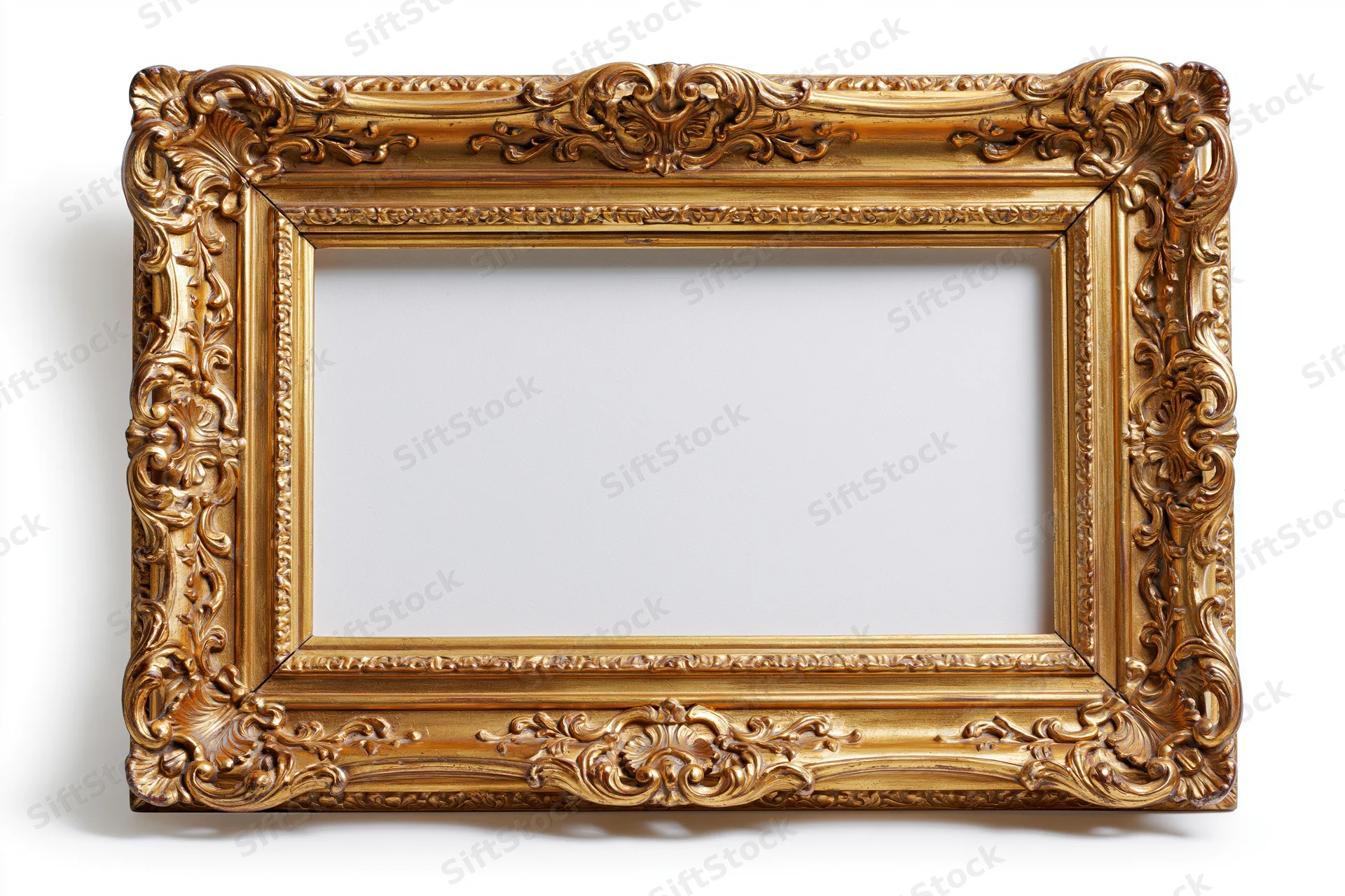 Ornate gold baroque frame with carved floral details isolated on white background