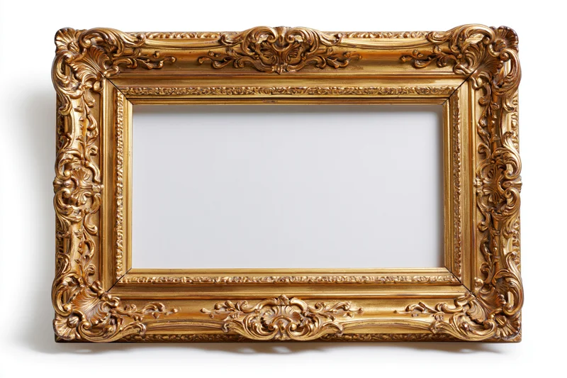 Ornate gold baroque frame with carved floral details isolated on white background
