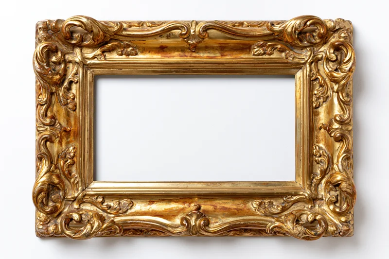 Ornate antique gold picture frame with baroque carved scrollwork, empty and isolated on white background