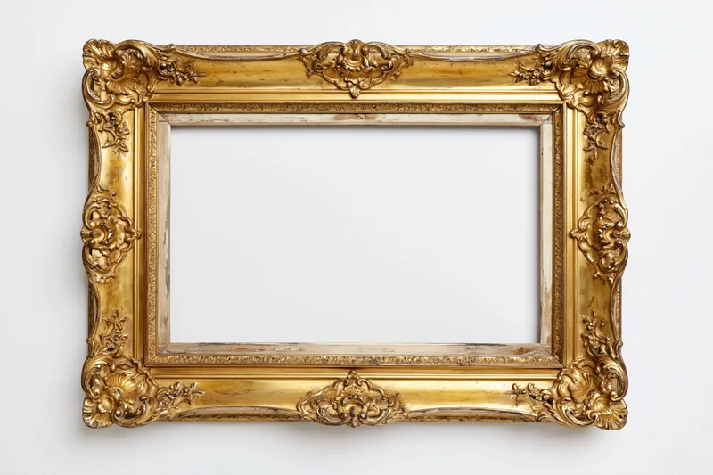 Ornate antique gold picture frame with baroque floral relief against white background
