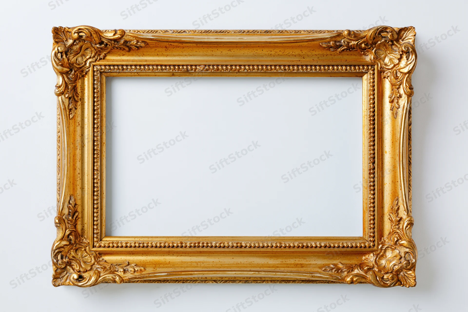 Ornate gold antique frame with empty white interior against plain background