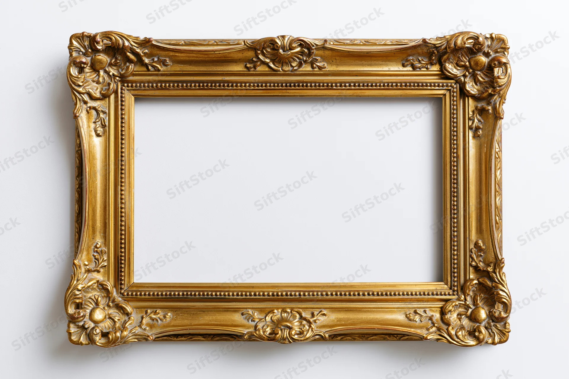 Ornate gold antique frame with empty white interior on plain background