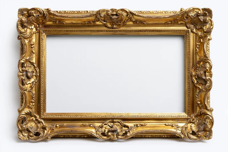 Ornate baroque-style gold frame with intricate carvings and empty white interior isolated on white background