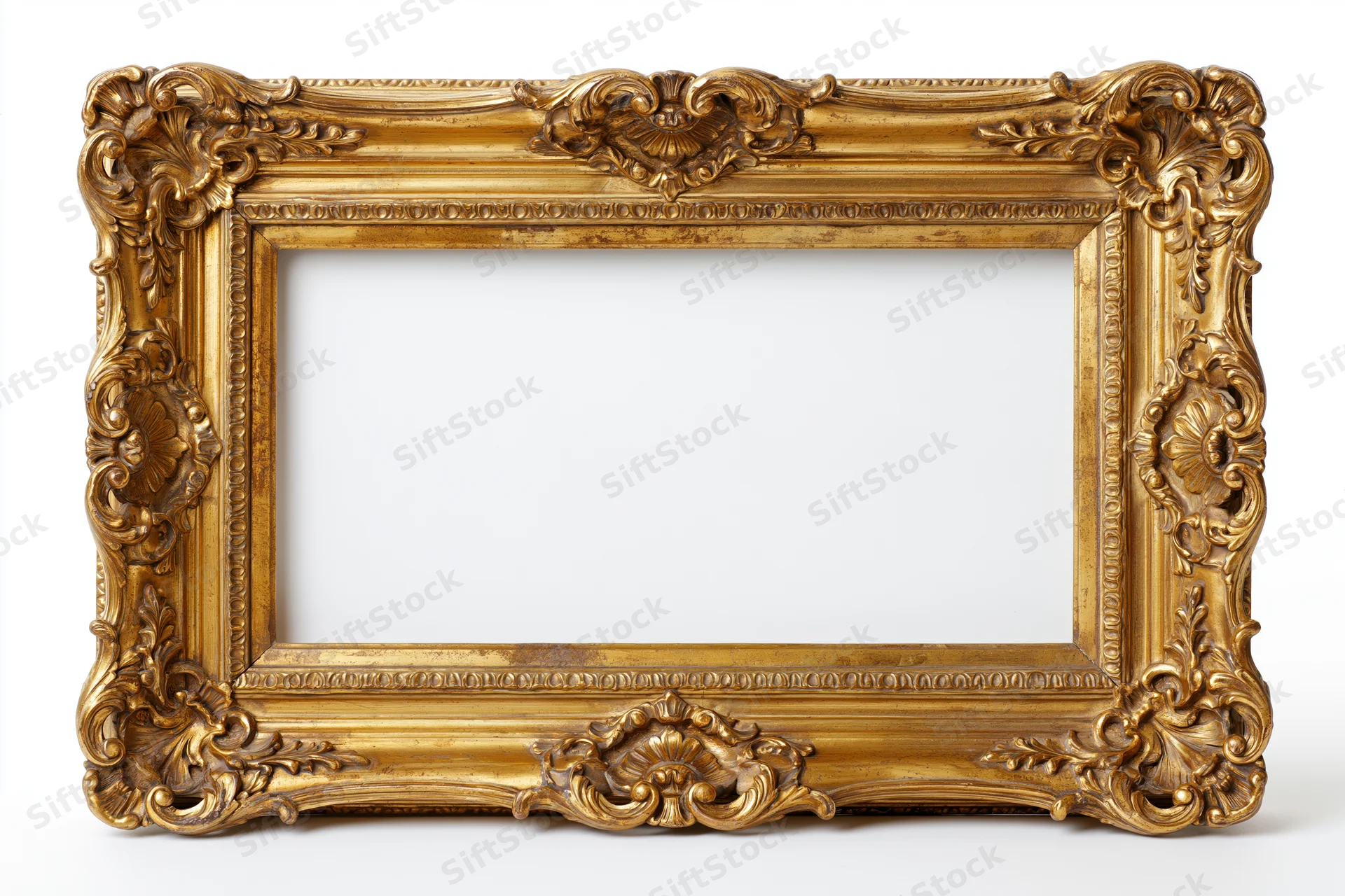 Ornate baroque-style gold frame with empty white interior on plain background