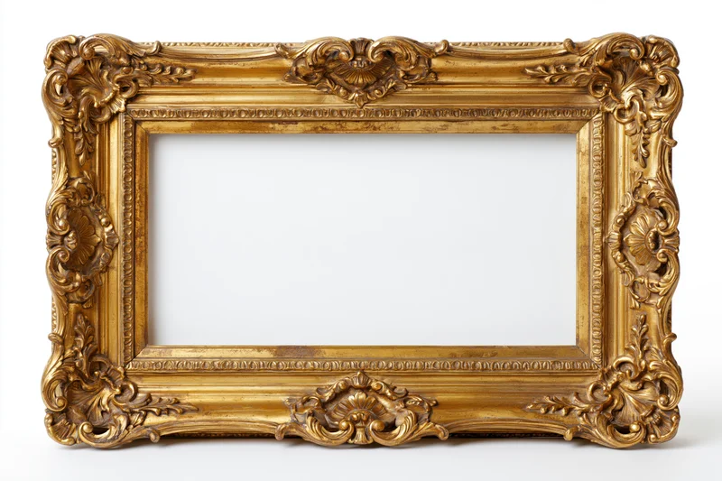 Ornate baroque-style gold frame with empty white interior on plain background