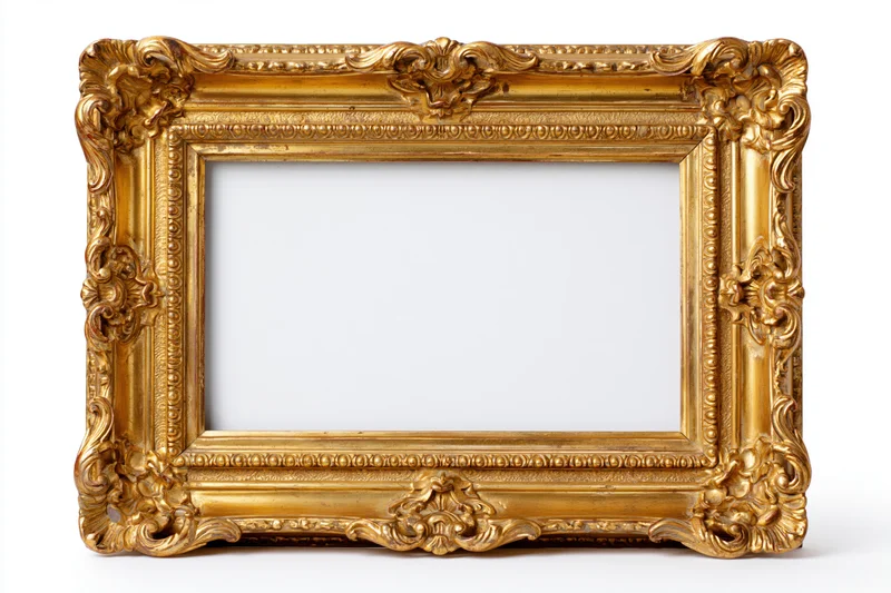 Ornate gold baroque frame with empty white interior on plain background