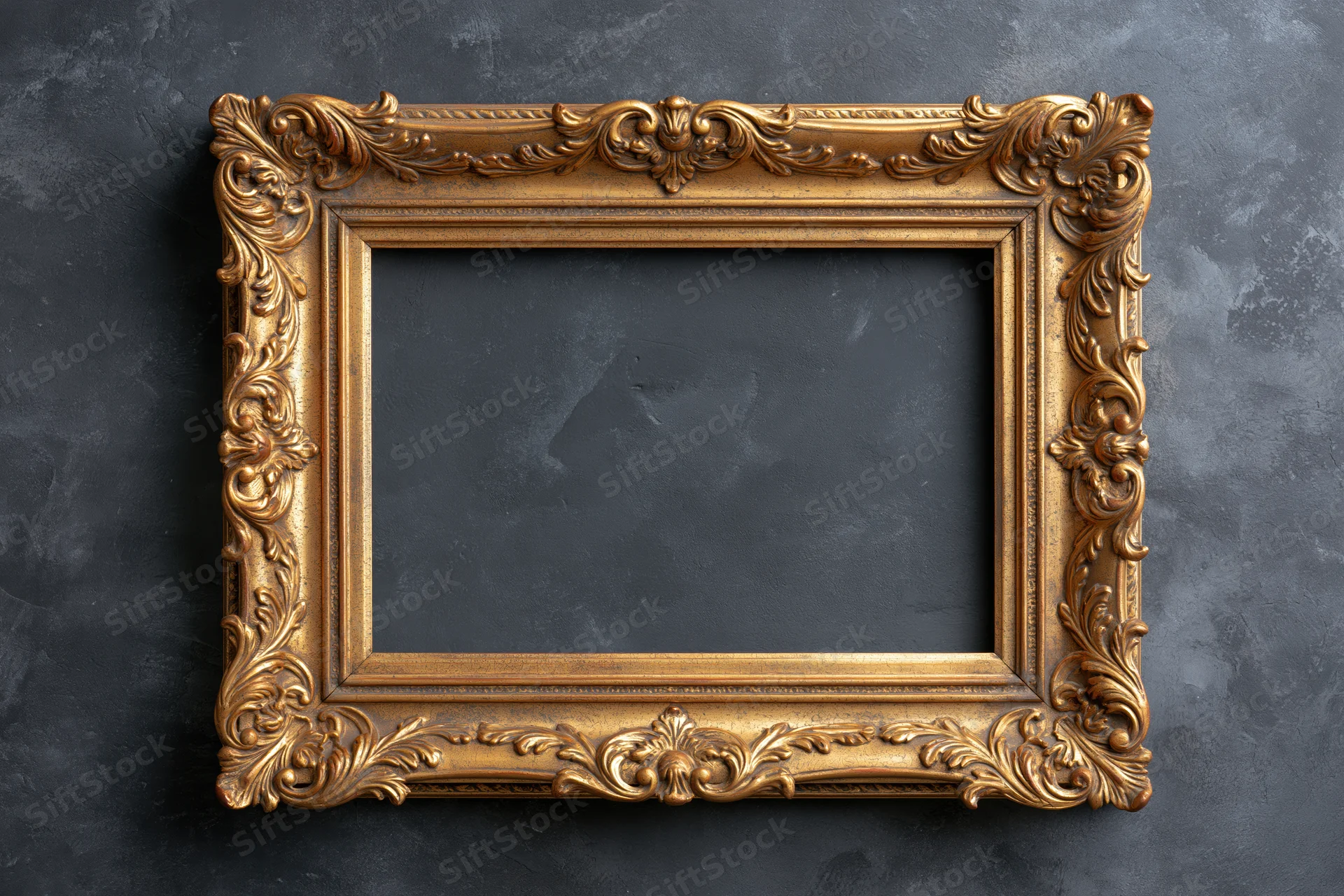 Ornate gold baroque frame with empty dark interior on textured gray wall